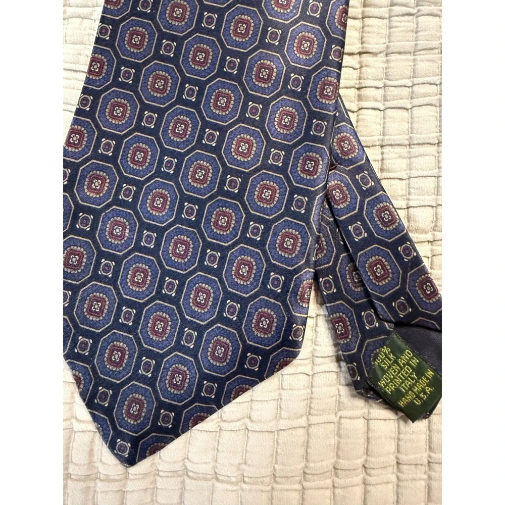 Vintage Italy 100% Silk Handmade USA  Club Room Navy Blue Geometric Medallion